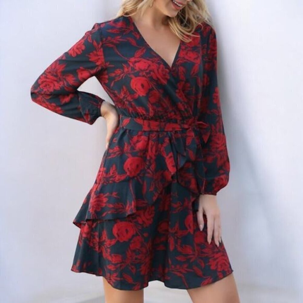 Saints + Secrets V-Neck Navy Front Tie Dress with‎ Red Floral Design - Size XS